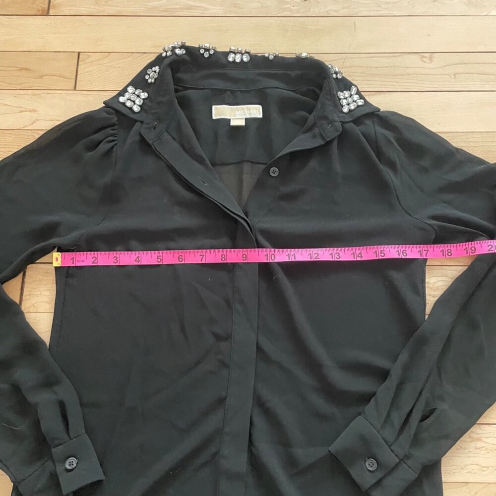 Michael Kors Embellished Collar Sheer Blouse XS Black Jewel Rhinestone Top Glam - Picture 10 of 14